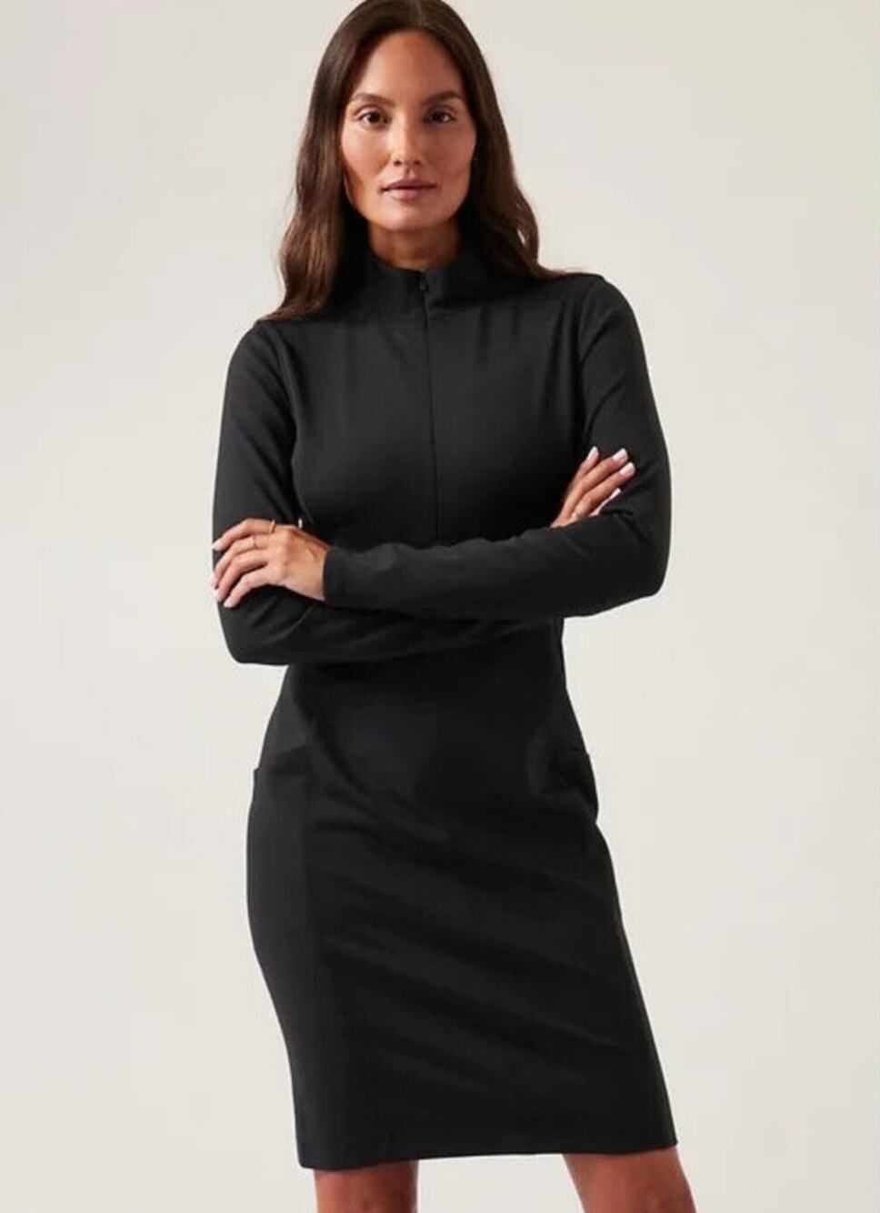 Athleta Sweater Dress Medium Black Quarter Zip Bodycon Sporty Office Preppy